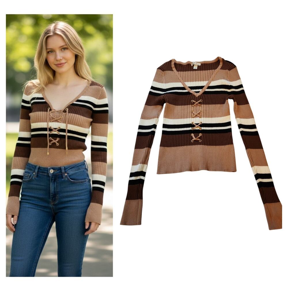 Derek Heart Womens Ribbed Sweater Size XL Brown Colorblock V-Neck Stretch